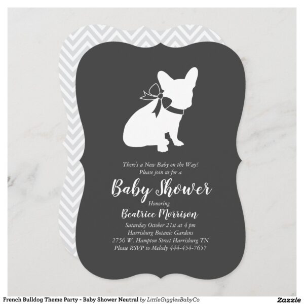 Include the big brother or sister fur baby in the celebration with this adorable French Bulldog baby shower design!  Perfect for a Frenchie lover with a baby on the way.  The Frenchy is next to an adorable vintage carriage.  The chalkboard grey background makes it perfect for a gender neutral or co-ed shower! #french #frenchie #gender neutral #bulldog #dog #grey #puppy #french bulldog #baby shower #Popular #Little #Giggles #Baby #Co #Invitations #01 #Collection