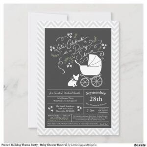 Include the big brother or sister fur baby in the celebration with this adorable French Bulldog baby shower design!  Perfect for a Frenchie lover with a baby on the way.  The Frenchy is next to an adorable vintage carriage.  The chalkboard grey background makes it perfect for a gender neutral or co-ed shower! #french #frenchie #gender neutral #bulldog #dog #grey #puppy #french bulldog #baby shower #Popular #Little #Giggles #Baby #Co #Invitations #01 #Collection