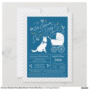 Include the big brother or sister fur baby in the celebration with this adorable German Shepherd dog baby shower design!  Perfect for a puppy lover with a baby on the way.  The German Shepherd is next to an adorable vintage carriage.  The blue makes it perfect for a baby boy on the way! #dog #baby #shower #blue #boy #puppy #doggy #german #shepherd #german shepherd #German #Shepherd #Dog #Baby #Shower #Collection