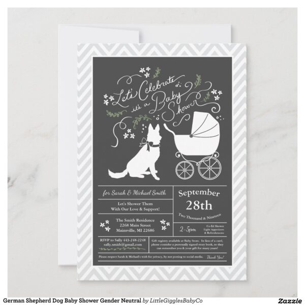 Include the big brother or sister fur baby in the celebration with this adorable German shepherd dog baby shower design!  Perfect for a puppy lover with a baby on the way.  The German shepherd is next to an adorable vintage carriage.  The chalkboard grey background makes it perfect for a gender neutral or co-ed shower! #dog #baby #shower #puppy #gender neutral #co-ed #chalkboard #german #shepherd #german shepherd #German #Shepherd #Dog #Baby #Shower #Collection