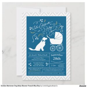 Include the big brother or sister fur baby in the celebration with this adorable golden retriever dog baby shower design!  Perfect for a puppy lover with a baby on the way.  The Golden Retriever is next to an adorable vintage carriage.  The blue makes it perfect for a baby boy on the way! #dog #baby #shower #blue #boy #puppy #doggy #golden #retriever #retreiver #Popular #Little #Giggles #Baby #Co #Invitations #01 #Collection