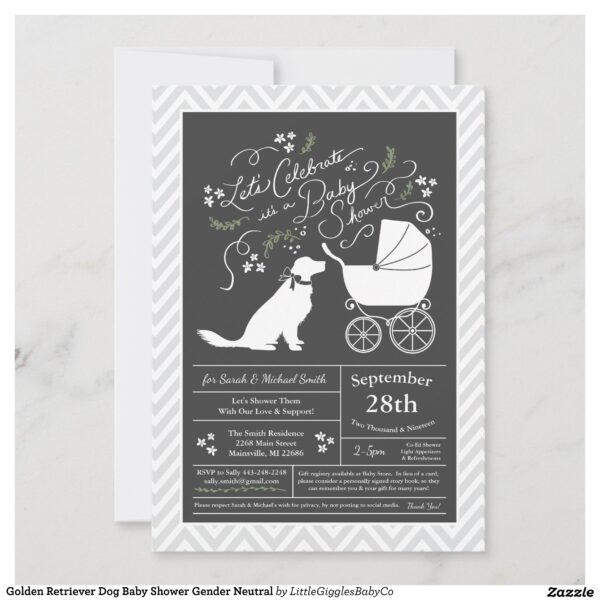 Include the big brother or sister fur baby in the celebration with this adorable golden retriever dog baby shower design!  Perfect for a puppy lover with a baby on the way.  The golden retriever is next to an adorable vintage carriage.  The chalkboard grey background makes it perfect for a gender neutral or co-ed shower! #dog #baby #shower #puppy #gender neutral #co-ed #chalkboard #golden #retriever #retreiver #Popular #Little #Giggles #Baby #Co #Invitations #01 #Collection