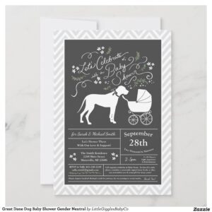 Include the big brother or sister fur baby in the celebration with this adorable Great Dane dog baby shower design!  Perfect for a puppy lover with a baby on the way.  The Great Dane is next to an adorable vintage carriage.  The chalkboard grey background makes it perfect for a gender neutral or co-ed shower! #dog #baby #shower #puppy #gender neutral #co-ed #chalkboard #great #dane #great dane #Great #Dane #Dog #Baby #Shower #Collection