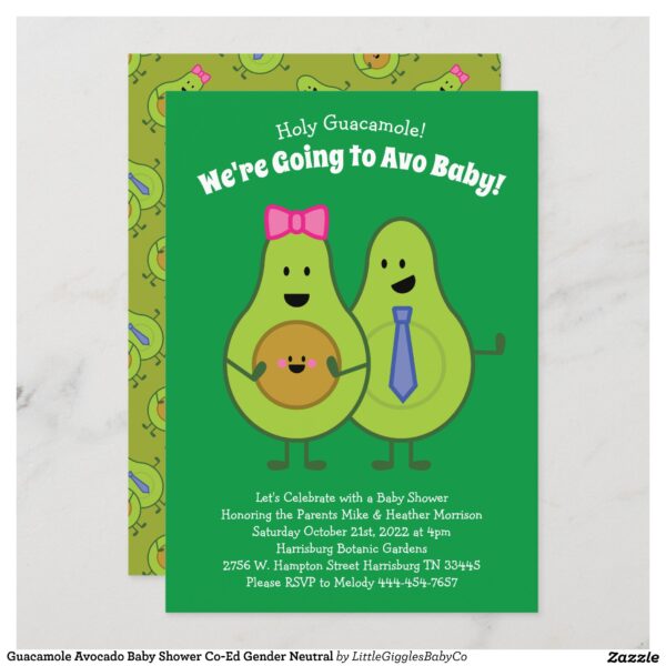 Celebrate the new Mommy Daddy and Baby with this adorable guacamole avocado baby shower design!  Perfect for a co-ed or gender neutral shower! #baby #shower #gender neutral #co-ed #avocado #guacamole #holy guacamole #avo #cute #avocado baby shower #Guacamole #Avocado #Baby #Shower #Co-Ed #Gender #Neutral #Collection