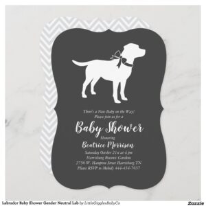 Include the big brother or sister fur baby in the celebration with this adorable labrador dog baby shower design!  Perfect for a puppy lover with a baby on the way.  The lab is next to an adorable vintage carriage.  The chalkboard grey background makes it perfect for a gender neutral or co-ed shower! Perfect for a person with a pet black lab, yellow lab or chocolate labrador! #dog #baby #shower #gender neutral #co-ed #lab #labrador #black #yellow #chocolate #Labrador #Baby #Shower #Gender #Neutral #Lab #with #Bow #Collection