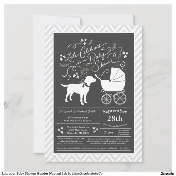 Include the big brother or sister fur baby in the celebration with this adorable labrador dog baby shower design!  Perfect for a puppy lover with a baby on the way.  The lab is next to an adorable vintage carriage.  The chalkboard grey background makes it perfect for a gender neutral or co-ed shower! Perfect for a person with a pet black lab, yellow lab or chocolate labrador! #dog #baby #shower #gender neutral #co-ed #lab #labrador #black #yellow #chocolate #Labrador #Baby #Shower #Gender #Neutral #Lab #with #Bow #Collection