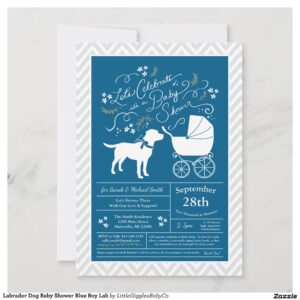 Include the big brother or sister fur baby in the celebration with this adorable Lab dog baby shower design!  Perfect for a puppy lover with a baby on the way.  The Labrador is next to an adorable vintage carriage.  The blue makes it perfect for a baby boy on the way! #dog #baby #shower #blue #boy #labrador #lab #black #chocolate #yellow #Popular #Little #Giggles #Baby #Co #Invitations #01 #Collection