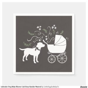 Include the big brother or sister fur baby in the celebration with this adorable Lab dog baby shower design!  Perfect for a puppy lover with a baby on the way.  The Labrador is next to an adorable vintage carriage.  The grey makes it perfect for a gender neutral or co-ed baby shower! Great for someone with a yellow lab, chocolate lab, or black lab! #yellow #baby #chocolate #shower #black #dog #lab #labrador #puppy #gender neutral #Labrador #Baby #Shower #Gender #Neutral #Lab #with #Bow #Collection