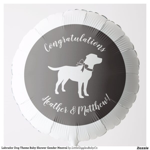 Include the big brother or sister fur baby in the celebration with this adorable Lab dog baby shower design!  Perfect for a puppy lover with a baby on the way.  The Labrador is next to an adorable vintage carriage.  The grey makes it perfect for a gender neutral or co-ed baby shower! Great for someone with a yellow lab, chocolate lab, or black lab! #gender neutral #black #dog #labrador #puppy #chocolate lab #baby shower #lab #dog shower #Labrador #Baby #Shower #Gender #Neutral #Lab #with #Bow #Collection