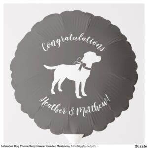 Include the big brother or sister fur baby in the celebration with this adorable Lab dog baby shower design!  Perfect for a puppy lover with a baby on the way.  The Labrador is next to an adorable vintage carriage.  The grey makes it perfect for a gender neutral or co-ed baby shower! Great for someone with a yellow lab, chocolate lab, or black lab! #gender neutral #black #dog #labrador #puppy #chocolate lab #baby shower #lab #dog shower #Labrador #Baby #Shower #Gender #Neutral #Lab #with #Bow #Collection