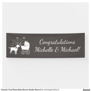 Include the big brother or sister fur baby in the celebration with this adorable Lab dog baby shower design!  Perfect for a puppy lover with a baby on the way.  The Labrador is next to an adorable vintage carriage.  The grey makes it perfect for a gender neutral or co-ed baby shower! Great for someone with a yellow lab, chocolate lab, or black lab! #gender neutral #black #dog #labrador #puppy #chocolate lab #baby shower #lab #dog shower #Labrador #Baby #Shower #Gender #Neutral #Lab #with #Bow #Collection