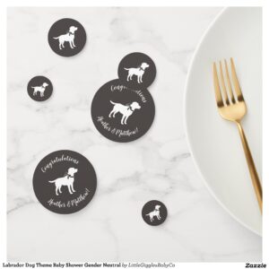 Include the big brother or sister fur baby in the celebration with this adorable Lab dog baby shower design!  Perfect for a puppy lover with a baby on the way.  The Labrador is next to an adorable vintage carriage.  The grey makes it perfect for a gender neutral or co-ed baby shower! Great for someone with a yellow lab, chocolate lab, or black lab! #gender neutral #black #dog #labrador #puppy #chocolate lab #baby shower #lab #dog shower #Labrador #Baby #Shower #Gender #Neutral #Lab #with #Bow #Collection