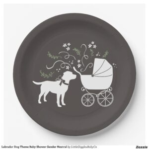 Include the big brother or sister fur baby in the celebration with this adorable Lab dog baby shower design!  Perfect for a puppy lover with a baby on the way.  The Labrador is next to an adorable vintage carriage.  The grey makes it perfect for a gender neutral or co-ed baby shower! Great for someone with a yellow lab, chocolate lab, or black lab! #gender neutral #black #dog #labrador #puppy #chocolate lab #baby shower #lab #dog shower #Labrador #Baby #Shower #Gender #Neutral #Lab #with #Bow #Collection