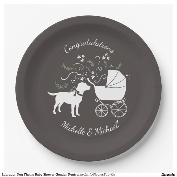 Include the big brother or sister fur baby in the celebration with this adorable Lab dog baby shower design!  Perfect for a puppy lover with a baby on the way.  The Labrador is next to an adorable vintage carriage.  The grey makes it perfect for a gender neutral or co-ed baby shower! Great for someone with a yellow lab, chocolate lab, or black lab! #gender neutral #black #dog #labrador #puppy #chocolate lab #baby shower #lab #dog shower #Labrador #Baby #Shower #Gender #Neutral #Lab #with #Bow #Collection