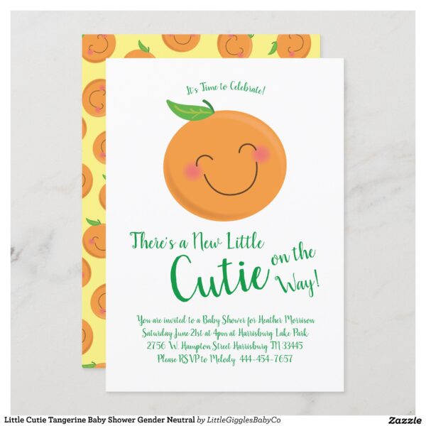 Celebrate the new baby on the way with this adorable little cutie tangerine baby shower design!  Makes for a great look for a co-ed or gender neutral shower! #baby #shower #co-ed #gender #neutral #tangerine #little #cutie #citrus #summer #Little #Cutie #Tangerine #Baby #Shower #Gender #Neutral #Collection