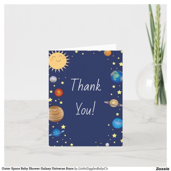 Celebrate the new Mommy and baby with this adorable outer space baby shower design!  Perfect for a baby boy or girl on the way, and also works great for gender neutral showers too!  The beautiful colors and artwork make it perfect for a Mom who loves to gaze at the stars and study the galaxy and universe! #baby #shower #outer #space #galaxy #universe #astronaut #solar system #planets #gender neutral #Popular #Little #Giggles #Baby #Co #Invitations #01 #Collection