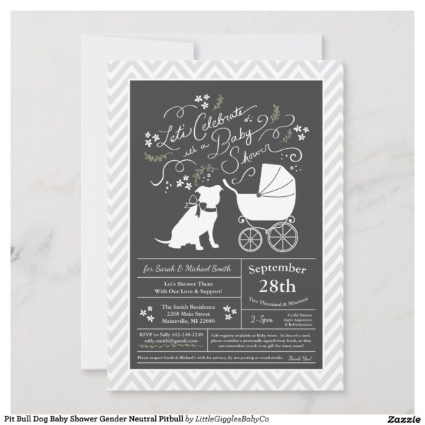 Include the big brother or sister fur baby in the celebration with this adorable Pit Bull dog baby shower design!  Perfect for a puppy lover with a baby on the way.  The Pitbull is next to an adorable vintage carriage.  The chalkboard grey background makes it perfect for a gender neutral or co-ed shower! #dog #baby #shower #gender neutral #co-ed #pit #bull #pit bull #pitbull #bull terrier #Popular #Little #Giggles #Baby #Co #Invitations #01 #Collection