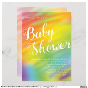 Celebrate the new baby with this modern rainbow watercolor baby shower design!  Perfect for a baby boy or girl on the way, or a gender neutral or co-ed shower!  The soft watercolor design gives them a trendy yet simple feel!  Also great for a tie-dye theme shower! #baby #shower #watercolor #colorful #rainbow #tie-dye #tie dye #gender neutral #co-ed #bright #Rainbow #Baby #Shower #Watercolor #Gender #Neutral #Collection