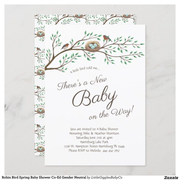 Celebrate the new baby on the way with this adorable robin birds with nest and egg shower design!  Makes for a great look for a spring shower or for co-ed and gender neutral showers too! #robin #bird #spring #baby #shower #co-ed #gender #neutral #egg #nest #Robin #Bird #Spring #Baby #Shower #Co-Ed #Gender #Neutral #Collection