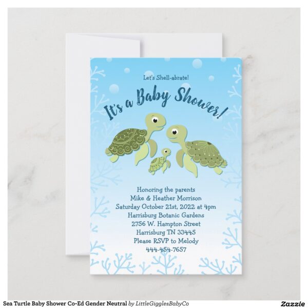 Celebrate the new Mommy and Baby with this modern sea turtle baby shower design!  Perfect for a baby boy or girl on the way, and also works great for gender neutral and co-ed showers too!  The soft watercolor design and cute turtles give them a trendy whimsical feel! #baby #shower #gender #neutral #co-ed #sea #turtle #under the sea #sea turtle #ocean #Sea #Turtle #Baby #Shower #Co-Ed #Gender #Neutral #Collection