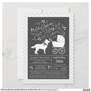 Include the big brother or sister fur baby in the celebration with this adorable Siberian Husky dog baby shower design!  Perfect for a puppy lover with a baby on the way.  The Siberian Husky is next to an adorable vintage carriage.  The chalkboard grey background makes it perfect for a gender neutral or co-ed shower! #dog #baby #shower #puppy #gender neutral #co-ed #dog baby #baby shower #siberian #husky #Siberian #Husky #Dog #Baby #Shower #Collection