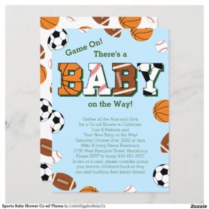 Our adorable Sports Baby Shower theme is perfect for the couple expecting a boy or girl that loves football, baseball, soccer and basketball!  Makes a great theme for a co-ed or jack and jill style shower. #baby #shower #gender neutral #co-ed #sports #football #basketball #baseball #soccer #boy #Sports #Baby #Shower #Co-Ed #Theme #Light #Blue #Collection