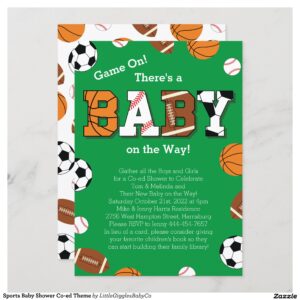 Our adorable Sports Baby Shower theme is perfect for the couple expecting a boy or girl that loves football, baseball, soccer and basketball!  Makes a great theme for a co-ed or jack and jill style shower. #baby #shower #gender neutral #co-ed #sports #football #basketball #baseball #soccer #boy #Sports #Baby #Shower #Co-Ed #Theme #Green #Collection