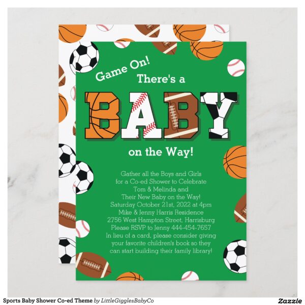 Our adorable Sports Baby Shower theme is perfect for the couple expecting a boy or girl that loves football, baseball, soccer and basketball!  Makes a great theme for a co-ed or jack and jill style shower. #baby #shower #gender neutral #co-ed #sports #football #basketball #baseball #soccer #boy #Sports #Baby #Shower #Co-Ed #Theme #Green #Collection