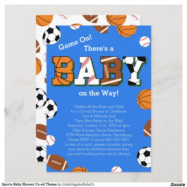 Our adorable Sports Baby Shower theme is perfect for the couple expecting a boy or girl that loves football, baseball, soccer and basketball!  Makes a great theme for a co-ed or jack and jill style shower. #baby #shower #gender neutral #co-ed #sports #football #basketball #baseball #soccer #boy #Sports #Baby #Shower #Co-Ed #Theme #Royal #Blue #Collection