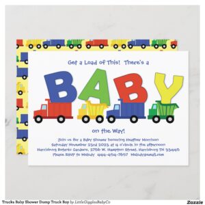 Celebrate the new baby with this adorable dump trucks baby shower design!  Perfect for a baby boy or a gender neutral or co-ed shower! #baby #shower #co-ed #gender neutral #cute #truck #dump #construction #boy #toy truck #Trucks #Baby #Shower #Dump #Truck #Boy #Collection