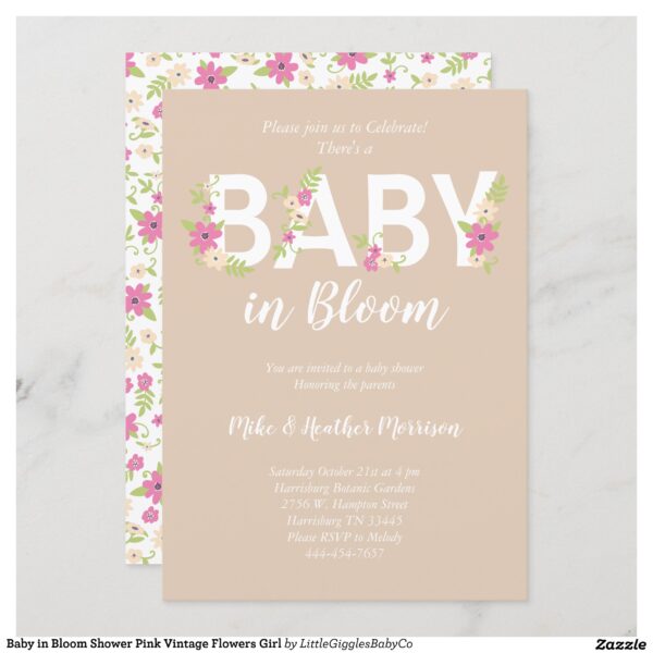 Celebrate the new parents and Baby with this cute baby in bloom shower design!  The pink vintage flowers make it a perfect for a baby girl on the way! #baby #shower #cute #pastel #baby in bloom #flowers #floral #girl #vintage #girly #Popular #Little #Giggles #Baby #Co #Invitations #01 #Collection