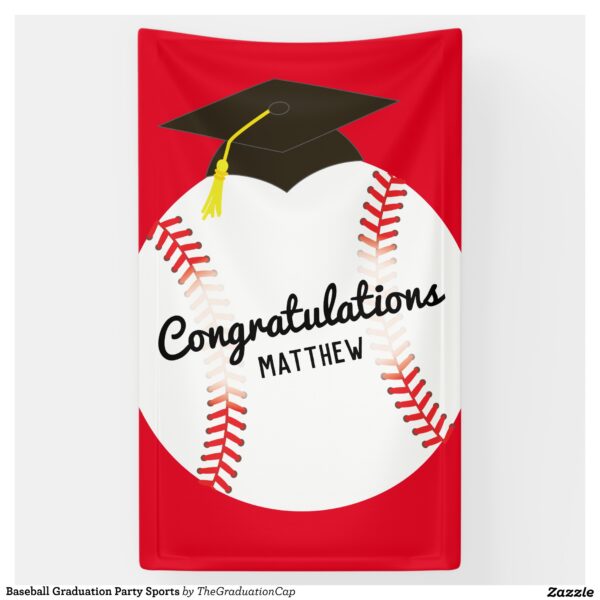 Celebrate your graduate with this cute baseball theme graduation party invitations!  The baseball features a tiny mortar board graduation cap.  Perfect for a high school, college or 8th grade graduation party for a sports enthusiast!  After all, graduation is a real home run! #graduation #announcement #graduation cap #graduate #party #baseball #ball #sports #boy #colorful #Baseball #Graduation #Sports #Party #Theme #Collection