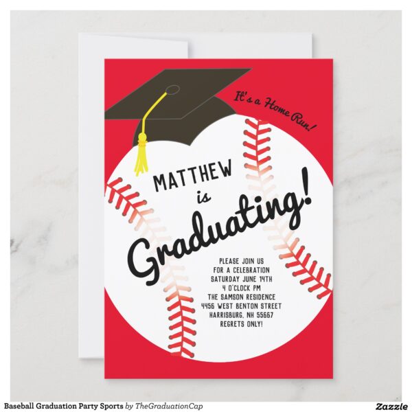 Celebrate your graduate with this cute baseball theme graduation party invitations!  The baseball features a tiny mortar board graduation cap.  Perfect for a high school, college or 8th grade graduation party for a sports enthusiast!  After all, graduation is a real home run! #graduation #announcement #graduation cap #graduate #party #baseball #ball #sports #boy #colorful #Baseball #Graduation #Sports #Party #Theme #Collection