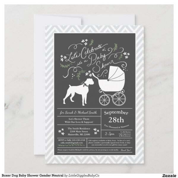 Include the big brother or sister fur baby in the celebration with this adorable Boxer dog baby shower design!  Perfect for a puppy lover with a baby on the way.  The Boxer is next to an adorable vintage carriage.  The chalkboard grey background makes it perfect for a gender neutral or co-ed shower! #dog #baby #shower #puppy #gender neutral #co-ed #chalkboard #boxer #boxer dog #dog baby #Popular #Little #Giggles #Baby #Co #Invitations #01 #Collection