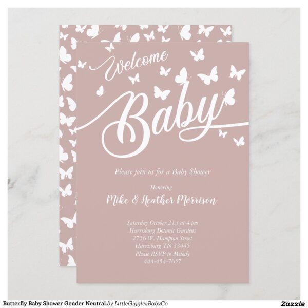 Celebrate the new parents and Baby with this cute butterfly baby shower design!  The vintage mauve background and butterfly silhouettes are perfect for a gender neutral baby shower in the spring! #baby #shower #cute #gender #neutral #co-ed #butterfly #butterflies #spring #vintage #Popular #Little #Giggles #Baby #Co #Invitations #01 #Collection