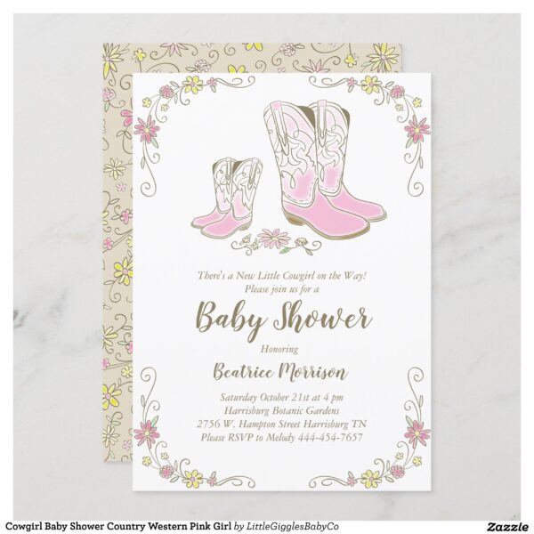 Celebrate the new little cowgirl on the way with our soft pink pastel country western cowgirl baby shower design!  Perfect for a baby girl on the way! #baby #shower #cowgirl #cow #girl #pink #country #western #cowboy #horse #Popular #Little #Giggles #Baby #Co #Invitations #01 #Collection