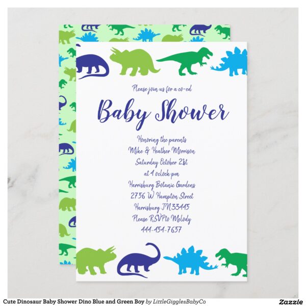 Celebrate the new parents and Baby with this cute dinosaur baby shower design!  The blue and green dino palette make it a perfect design for a baby boy on the way! #baby #shower #cute #blue #boy #co-ed #dinosaur #dino #steggosaurus #t-rex #Popular #Little #Giggles #Baby #Co #Invitations #01 #Collection