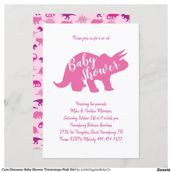 Celebrate the new parents and Baby with this cute triceratops dinosaur baby shower design!  The pink and purple dino palette make it a perfect design for a baby girl on the way! #baby #shower #cute #co-ed #dinosaur #dino #girl #pink #triceratops #girly #Popular #Little #Giggles #Baby #Co #Invitations #01 #Collection