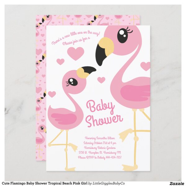 Celebrate the new little one on the way with our adorable cute flamingo baby shower design!  Perfect for a baby girl shower!  Great for a tropical or Beach theme Shower too! #baby #shower #cute #animal #mama and baby #flamingo #tropical #beach #pink #girl #Popular #Little #Giggles #Baby #Co #Invitations #01 #Collection