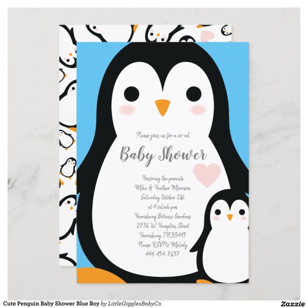 Celebrate the new parents and Baby with this cute penguin baby shower design!  The soft blue background and cute cartoon penguin bird makes it a perfect design for a baby boy on the way, especially for a winter time shower! #baby #shower #penguin #cute #bird #winter #cartoon #blue #boy #co-ed #Popular #Little #Giggles #Baby #Co #Invitations #01 #Collection