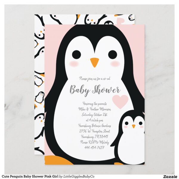 Celebrate the new parents and Baby with this cute penguin baby shower design!  The soft pink background and cute cartoon penguin bird makes it a perfect design for a baby girl on the way, especially for a winter time shower! #baby #shower #penguin #pink #girl #girly #cute #bird #winter #cartoon #Popular #Little #Giggles #Baby #Co #Invitations #01 #Collection