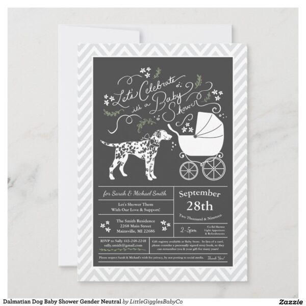 Include the big brother or sister fur baby in the celebration with this adorable Dalmatian dog baby shower design!  Perfect for a puppy lover with a baby on the way.  The Dalmatian is next to an adorable vintage carriage.  The chalkboard grey background makes it perfect for a gender neutral or co-ed shower! #dog #baby #shower #puppy #gender neutral #co-ed #chalkboard #dalmatian #dalmatian baby #dalmatian shower #Popular #Little #Giggles #Baby #Co #Invitations #01 #Collection