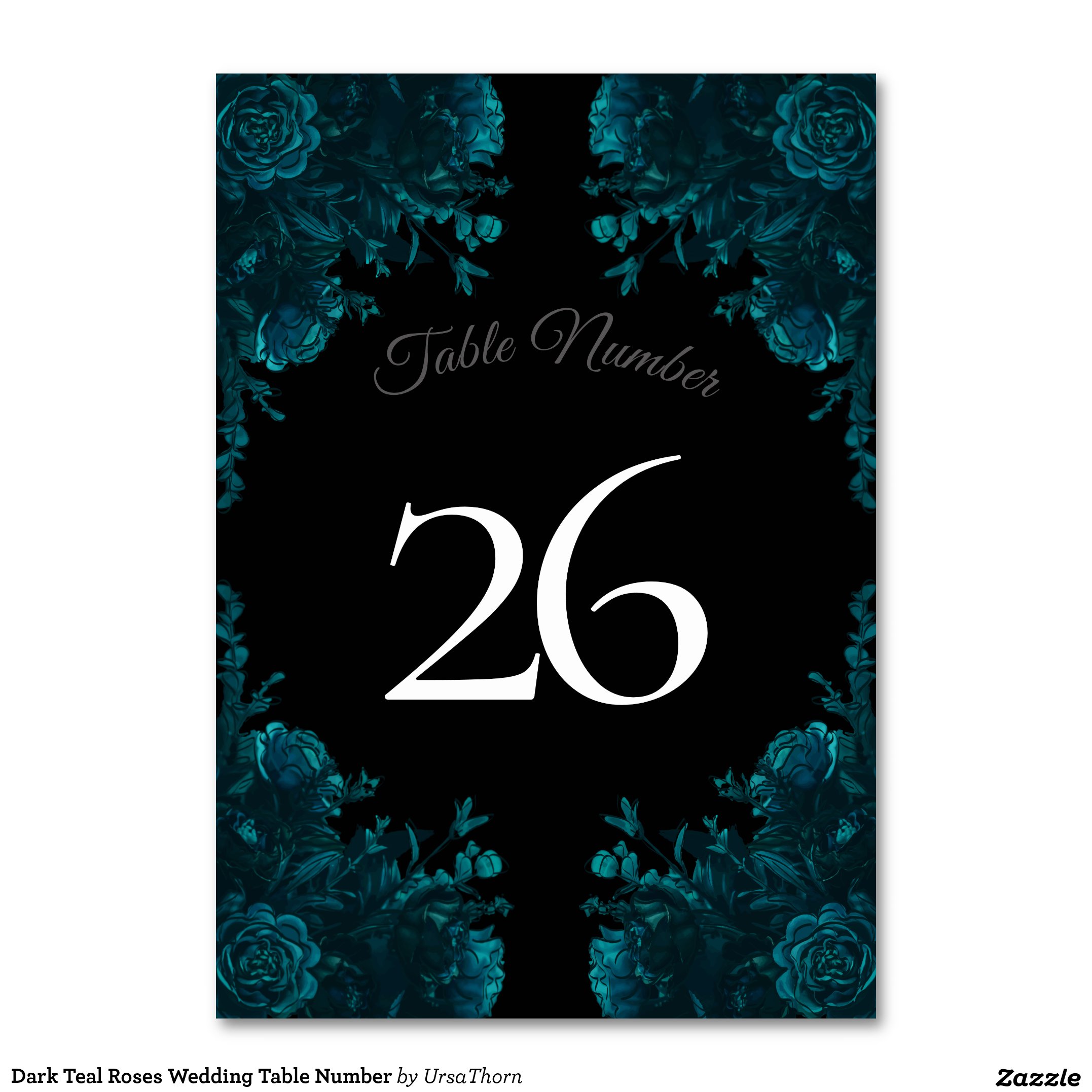 Chic & Stylish-Wedding Table Number. The Teal Roses Wedding Theme is a blend of modern and traditional floral accents with teal roses contrast and accent the black background wonderfully. These elegant florals are perfect for all your wedding décor and stationery needs. This beautiful design is most suitable for weddings where you have chosen to incorporate a bit of turquoise, and dark blue-green.