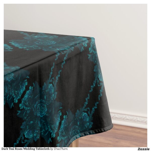 Chic & Stylish-Wedding Tablecloth. The Teal Roses Wedding Theme is a blend of modern and traditional floral accents with teal roses contrast and accent the black background wonderfully. These elegant florals are perfect for all your wedding décor and stationery needs. This beautiful design is most suitable for weddings where you have chosen to incorporate a bit of turquoise, and dark blue-green.