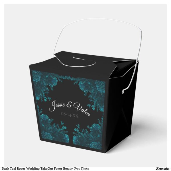 Chic & Stylish-Wedding TakeOut Favor Box. The Teal Roses Wedding Theme is a blend of modern and traditional floral accents with teal roses contrast and accent the black background wonderfully. These elegant florals are perfect for all your wedding décor and stationery needs. This beautiful design is most suitable for weddings where you have chosen to incorporate a bit of turquoise, and dark blue-green.