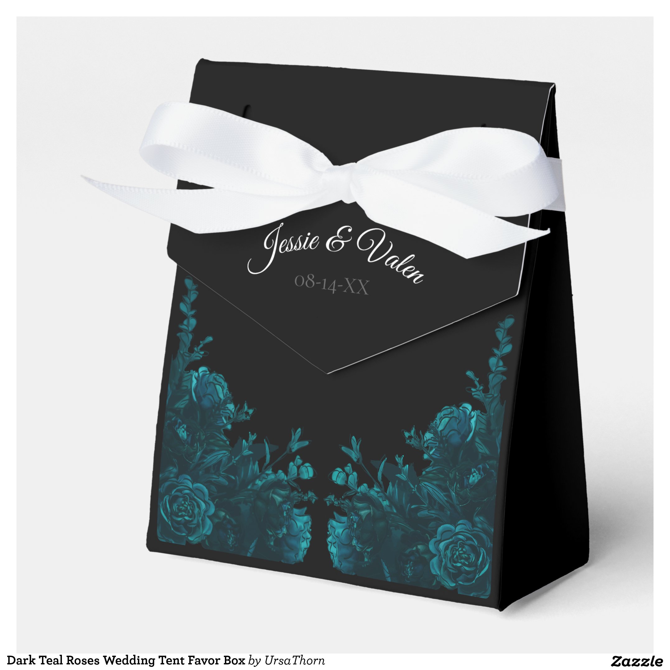 Chic & Stylish-Wedding Tent Favor Box. The Teal Roses Wedding Theme is a blend of modern and traditional floral accents with teal roses contrast and accent the black background wonderfully. These elegant florals are perfect for all your wedding décor and stationery needs. This beautiful design is most suitable for weddings where you have chosen to incorporate a bit of turquoise, and dark blue-green.