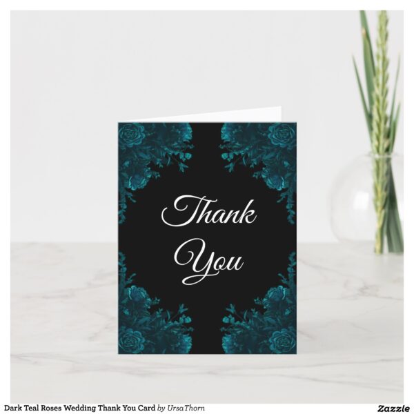 Chic & Stylish-Wedding Thank You Card. The Teal Roses Wedding Theme is a blend of modern and traditional floral accents with teal roses contrast and accent the black background wonderfully. These elegant florals are perfect for all your wedding décor and stationery needs. This beautiful design is most suitable for weddings where you have chosen to incorporate a bit of turquoise, and dark blue-green.