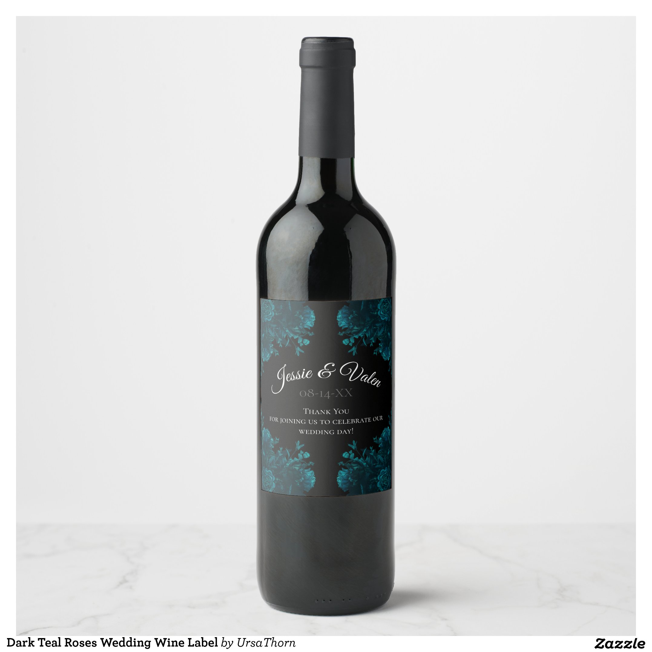 Chic & Stylish-Wedding Wine Label. The Teal Roses Wedding Theme is a blend of modern and traditional floral accents with teal roses contrast and accent the black background wonderfully. These elegant florals are perfect for all your wedding décor and stationery needs. This beautiful design is most suitable for weddings where you have chosen to incorporate a bit of turquoise, and dark blue-green.