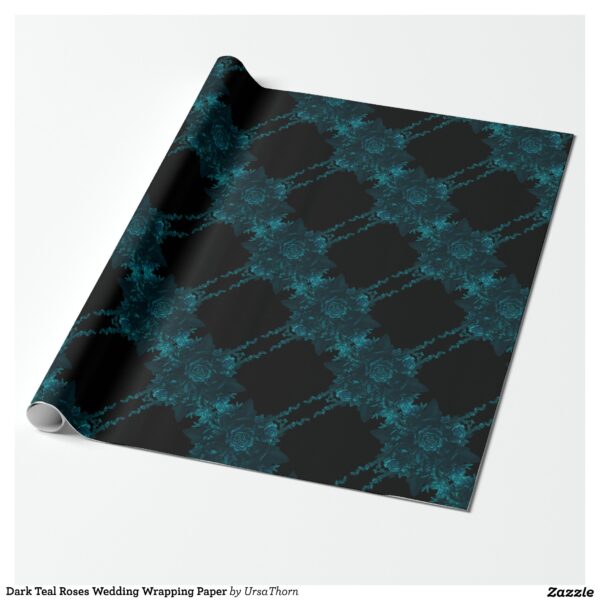 Chic & Stylish-Wedding Wrapping Paper. The Teal Roses Wedding Theme is a blend of modern and traditional floral accents with teal roses contrast and accent the black background wonderfully. These elegant florals are perfect for all your wedding décor and stationery needs. This beautiful design is most suitable for weddings where you have chosen to incorporate a bit of turquoise, and dark blue-green.