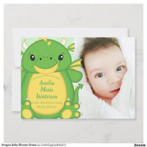 This Dragon Baby Shower Collection design theme featuring a Simply Adorable Dragon on a pink, blue, or green color pallet celebrates your very special Birthday and Baby Shower.